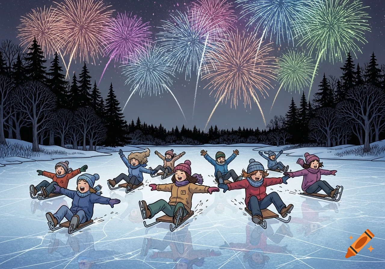 Children joyfully sledding on a frozen lake with colorful fireworks exploding in the night sky above a snowy forest, comic art style.