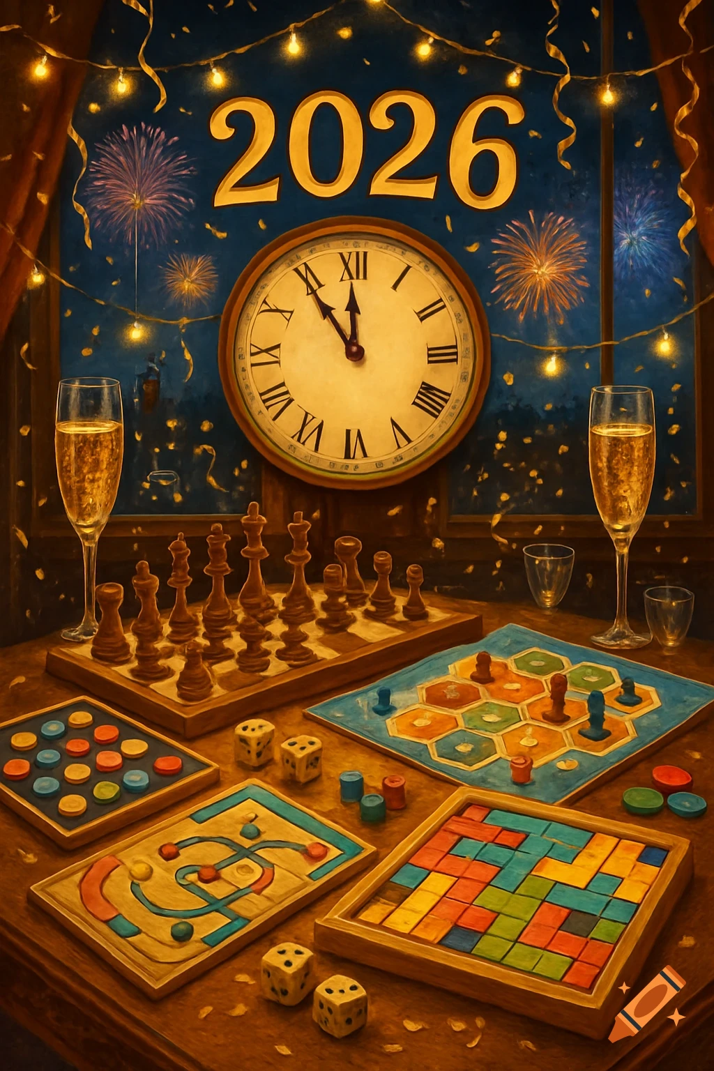 Festive New Year's Eve with '2026', a clock showing midnight, fireworks, champagne, and various board games on a table. Painted style.