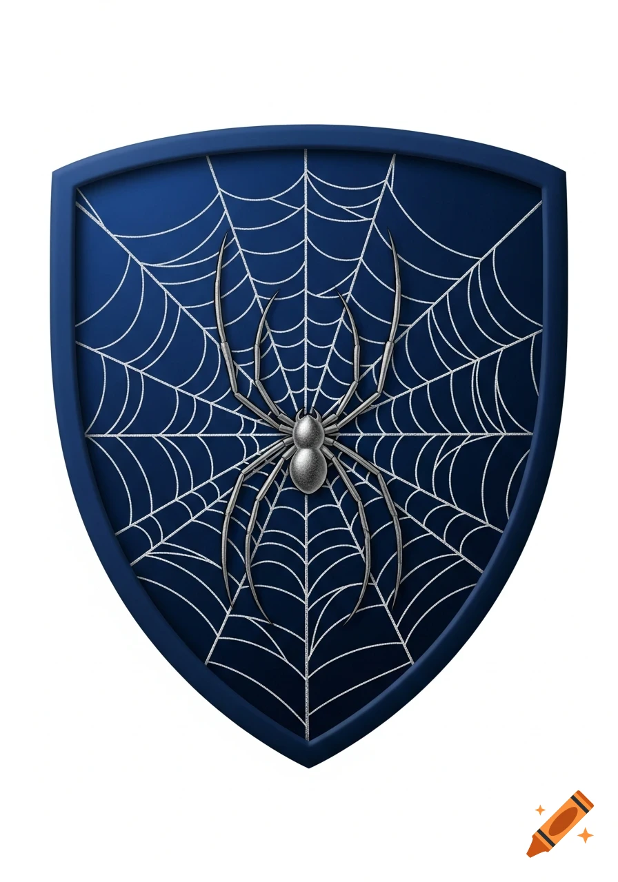 A metallic silver spider on a white web against a dark blue shield.