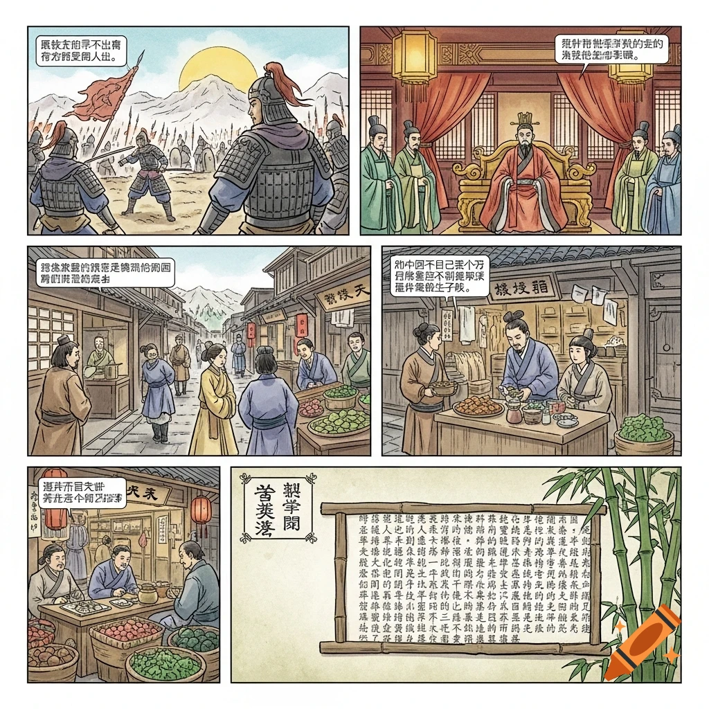 A multi-panel comic strip depicting scenes from ancient Chinese history, including soldiers, an emperor, and bustling street market scenes with people in traditional attire.