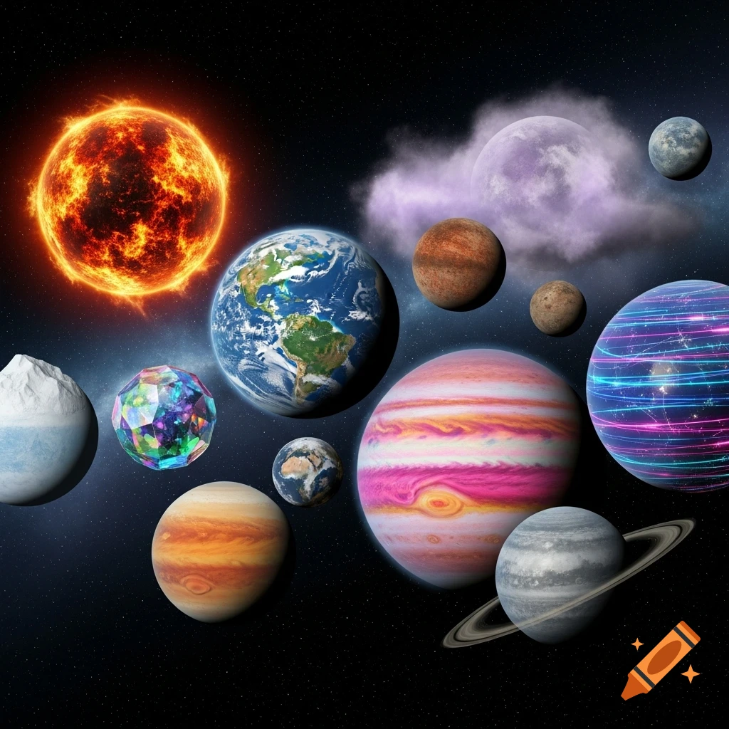 A vibrant cosmic scene features many diverse planets of different colors and textures, along with a fiery sun against a star-filled dark blue and black galaxy.