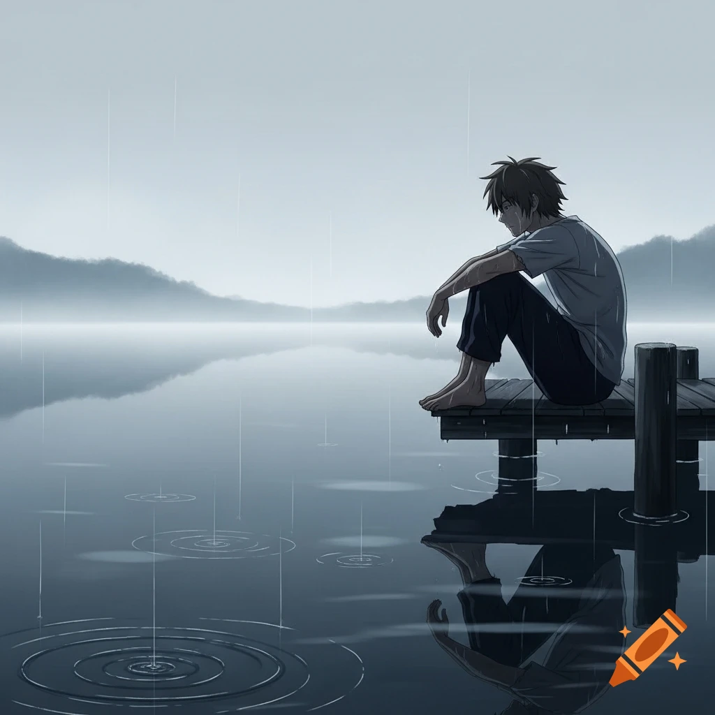 Anime man sitting alone on a wooden dock in the rain, reflecting on a calm lake with mountains in the distance.