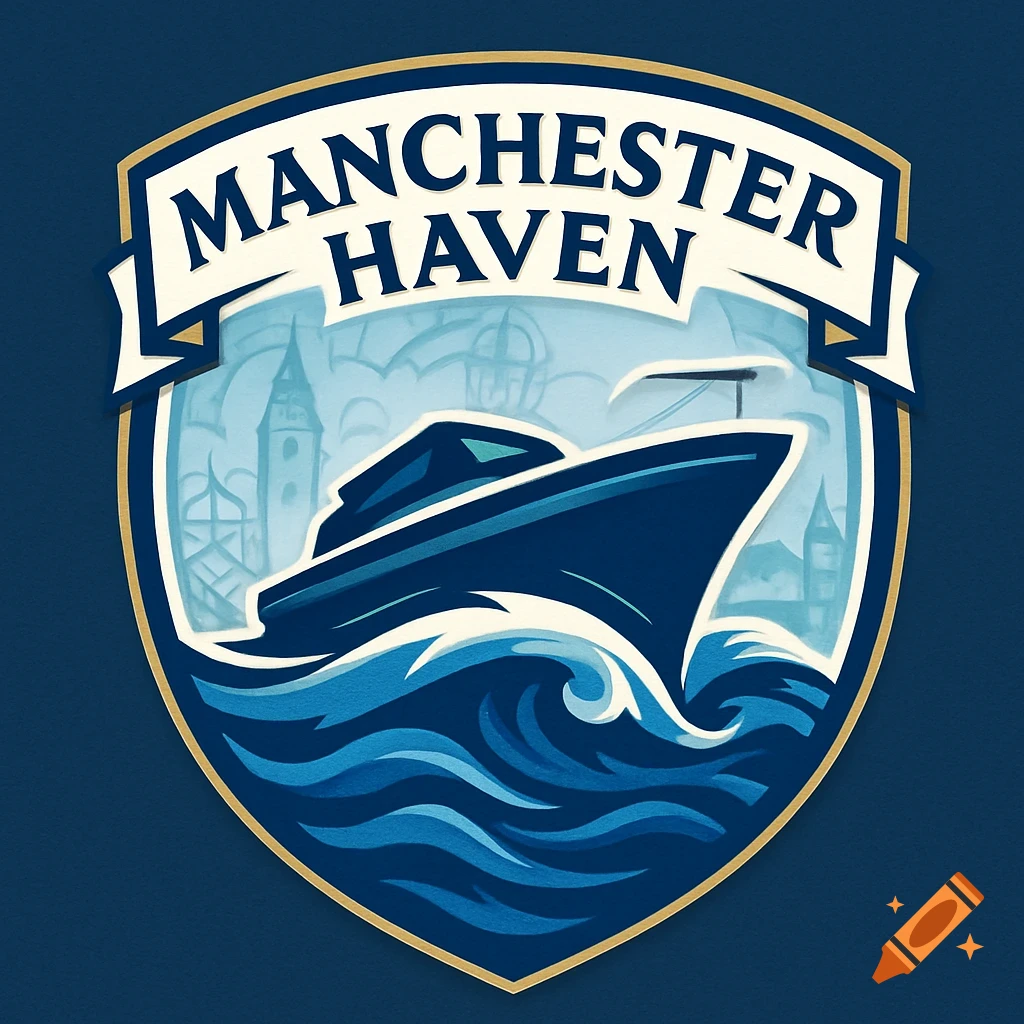 Logo for Manchester Haven featuring a blue boat on waves, with a light blue city skyline in the background, all within a gold-bordered shield.