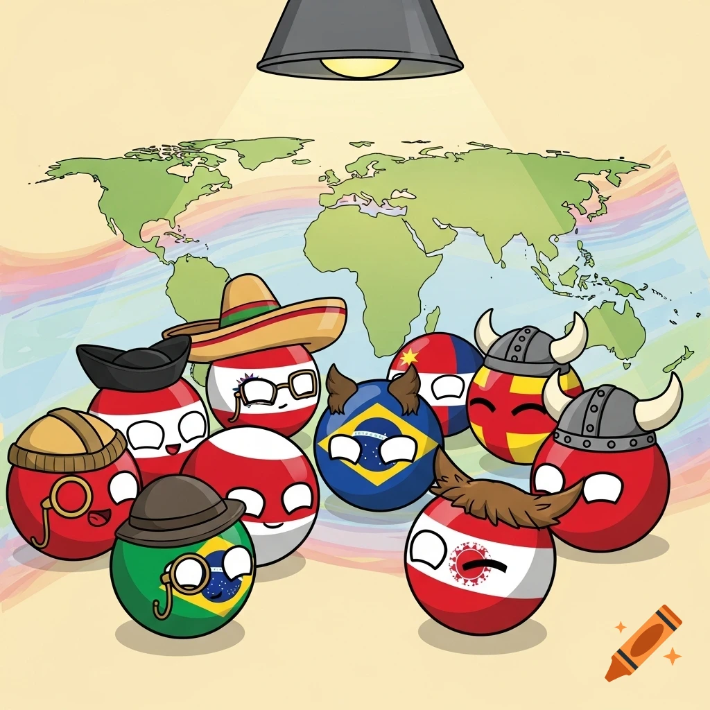 A group of various countryball characters, each representing a country with distinct flag patterns and accessories, gathered on top of a world map, illuminated by a hanging lamp.