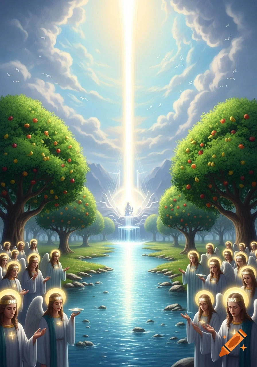 Angels gather on lush riverbanks under a bright sky, with a luminous beam descending onto a distant figure and waterfall.