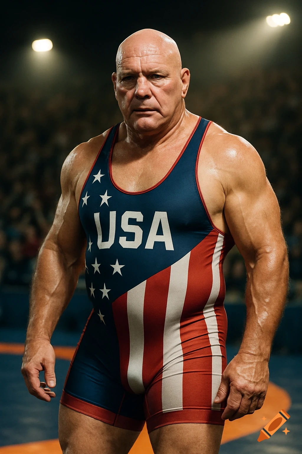 Muscular, bald male wrestler in a Team USA singlet, standing in a wrestling arena. Photorealistic.
