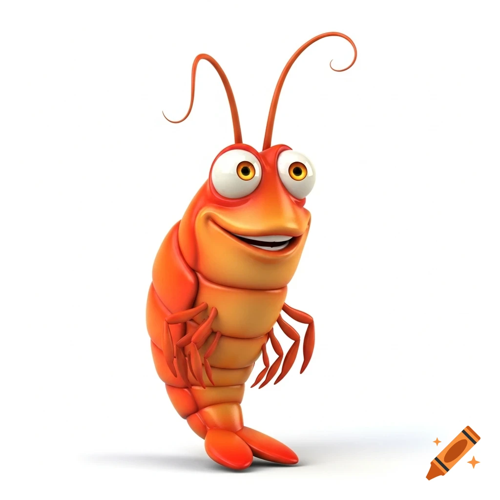 A funny 3D cartoon style red and orange shrimp with big eyes smiling on a white background.