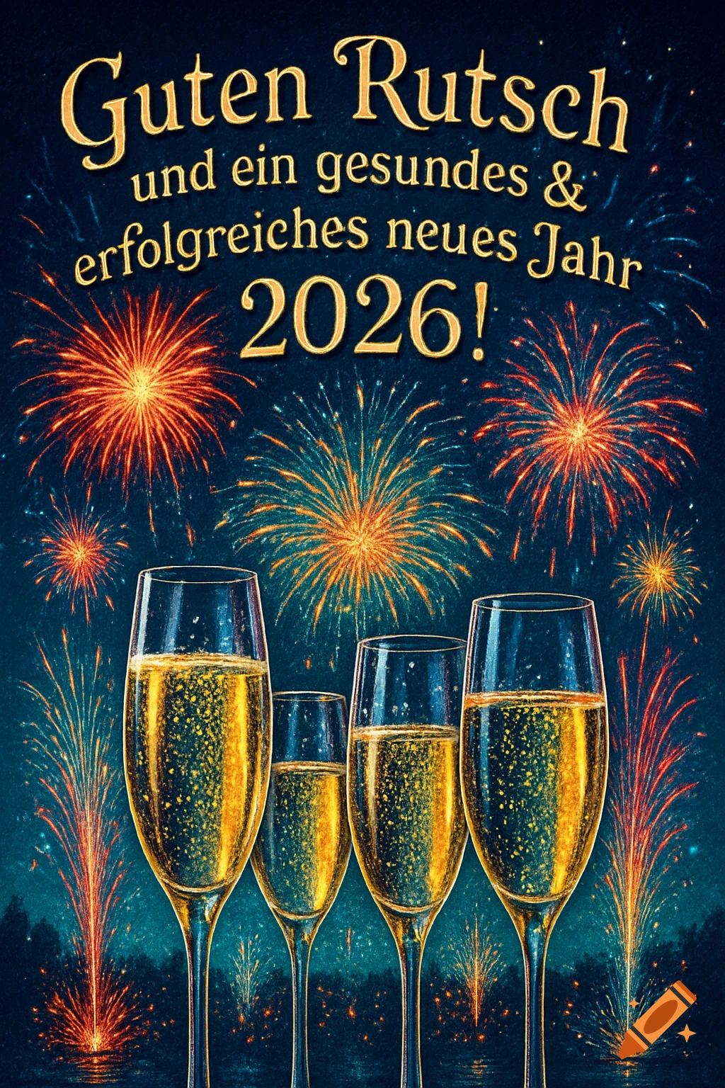A photorealistic New Year's greeting card with "Guten Rutsch" text, sparkling champagne glasses, and colorful fireworks against a dark blue sky.