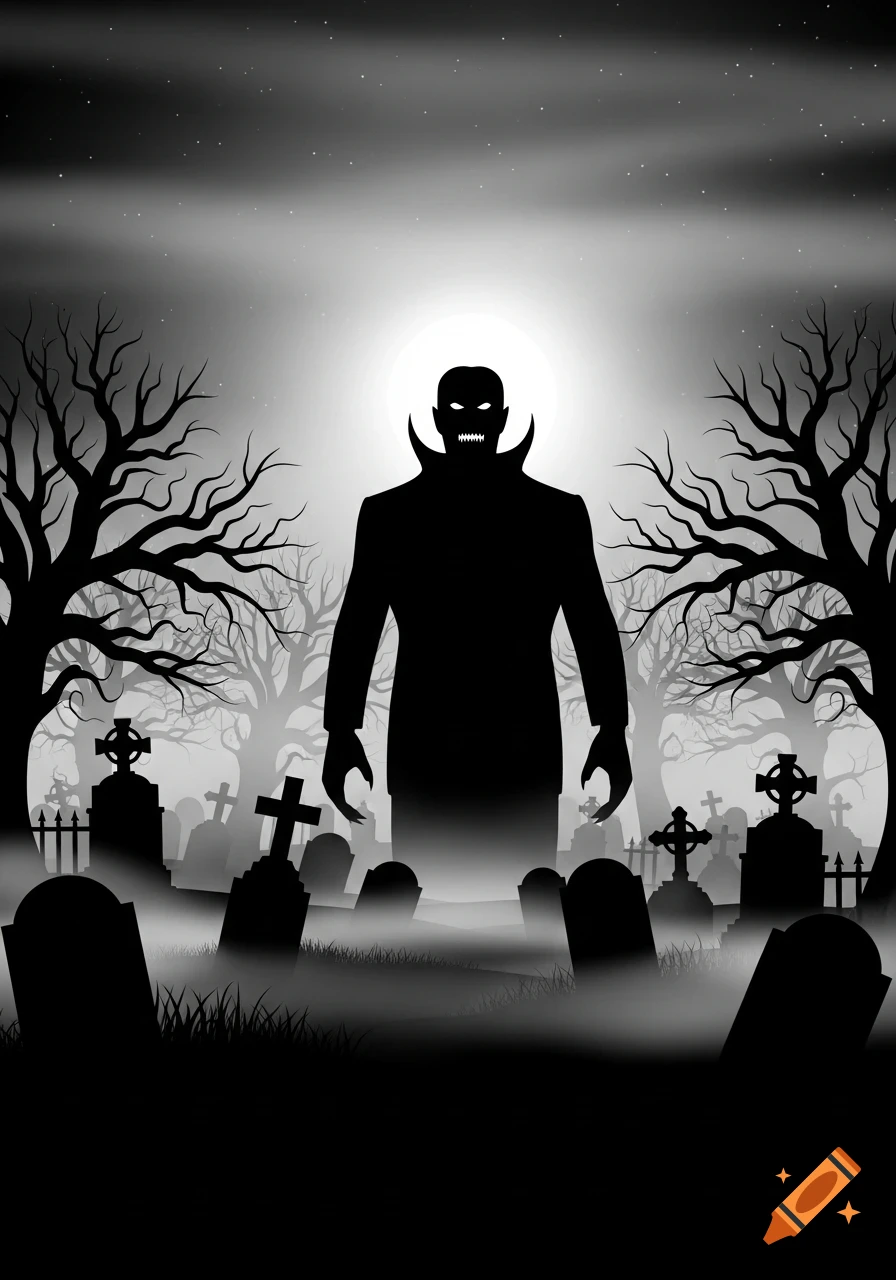 A black and white illustration of a monstrous figure with glowing eyes and fangs, standing in a foggy graveyard with bare trees.