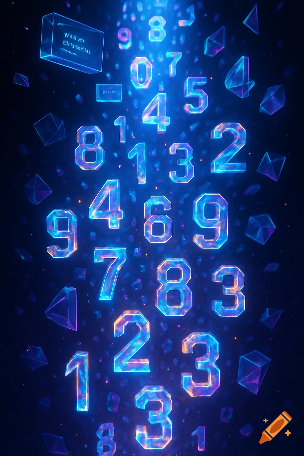 Glowing blue and purple numbers float in a dark, abstract digital space with geometric shapes.