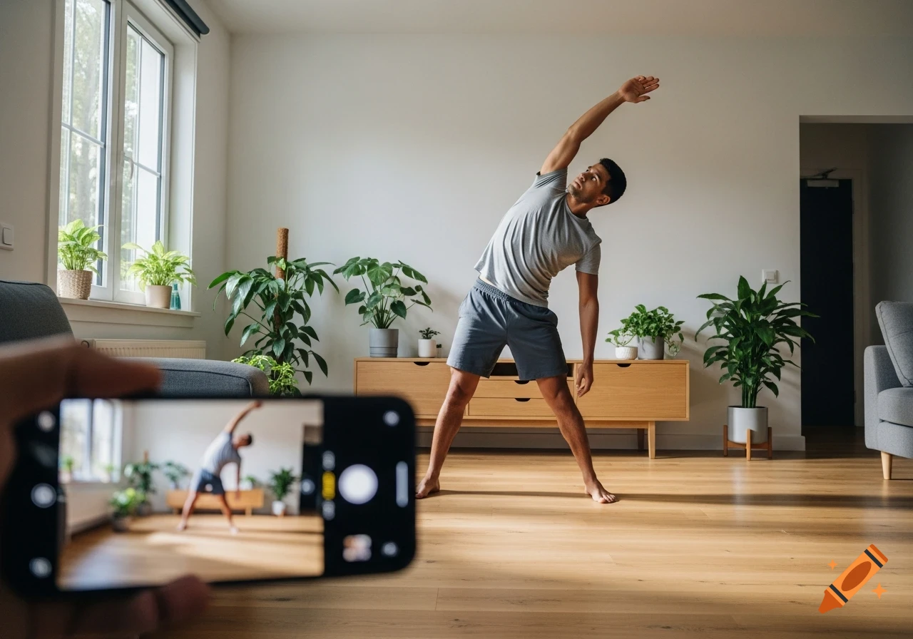 A man stretches with an arm overhead in a bright, modern living room while being filmed by a smartphone on the floor.