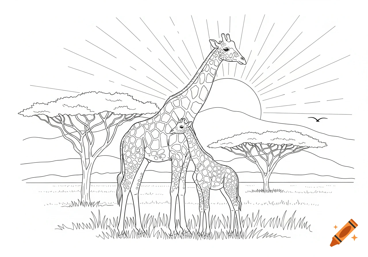 Line drawing of a mother giraffe and baby giraffe in an African savanna with trees and a rising sun, suitable for coloring.