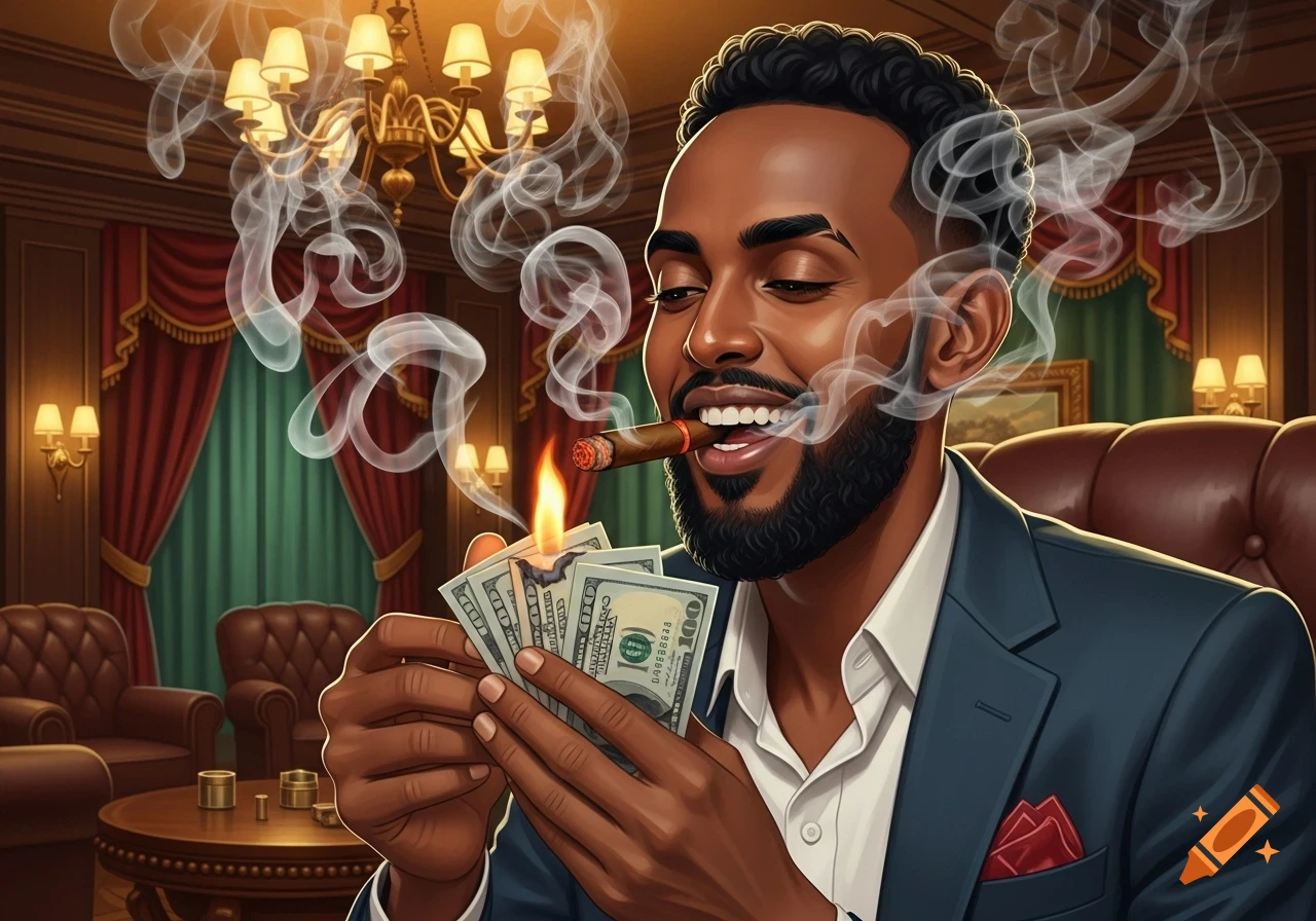 A happy man in a suit lights his cigar with burning US hundred-dollar bills in a luxurious room, surrounded by smoke.