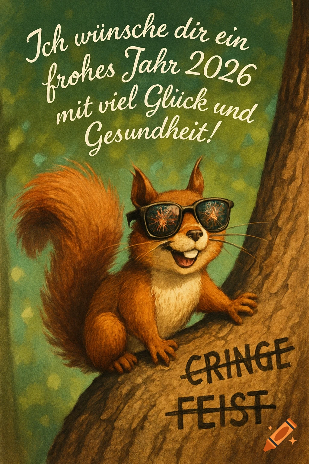 A fun illustration of a squirrel with sunglasses on a tree, with 'Happy 2026' text and 'CRINGE FEIST' crossed out.