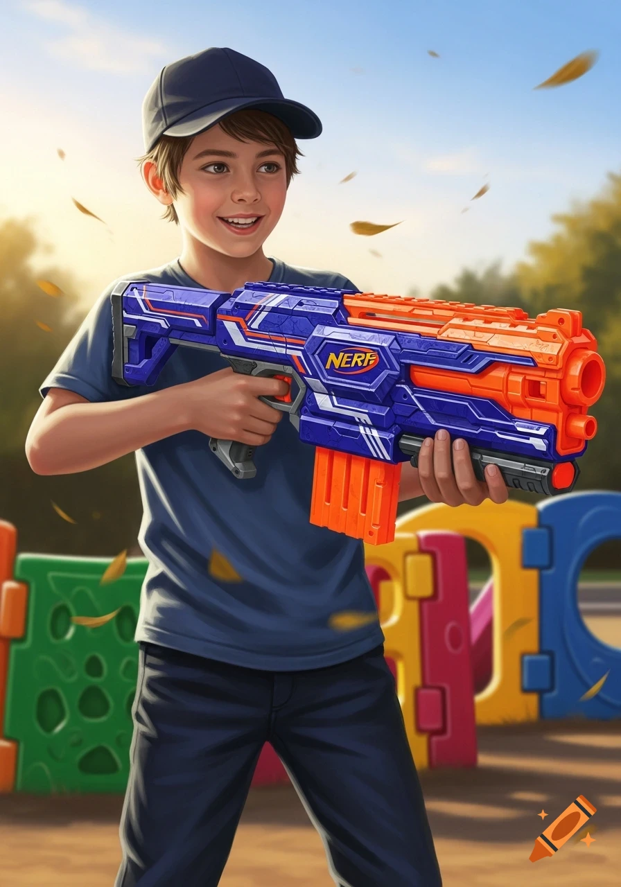 A smiling young boy in a cap and t-shirt holds a blue and orange Nerf blaster in a sunny outdoor setting with playground equipment.