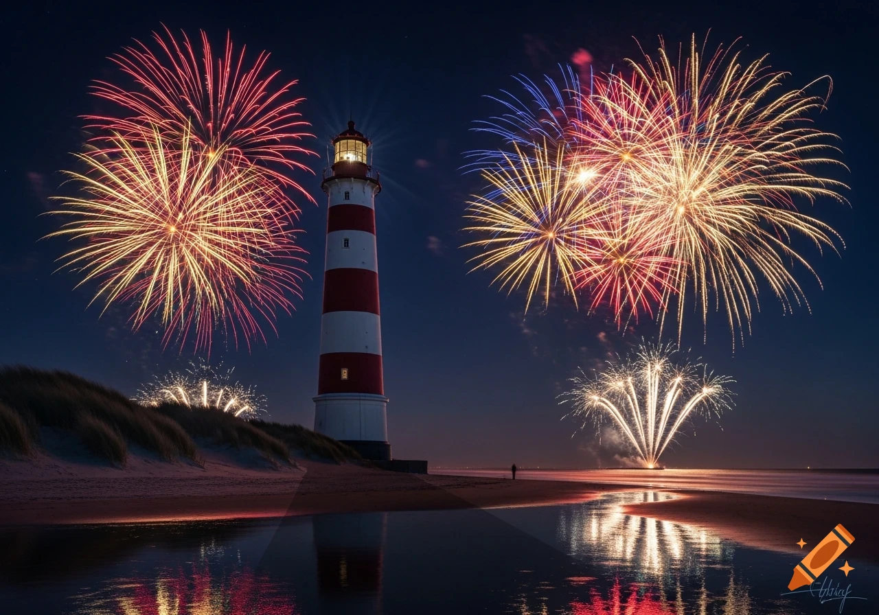 A red and white striped lighthouse stands on a beach at night, with vibrant fireworks exploding in the dark sky and reflecting in shallow water.