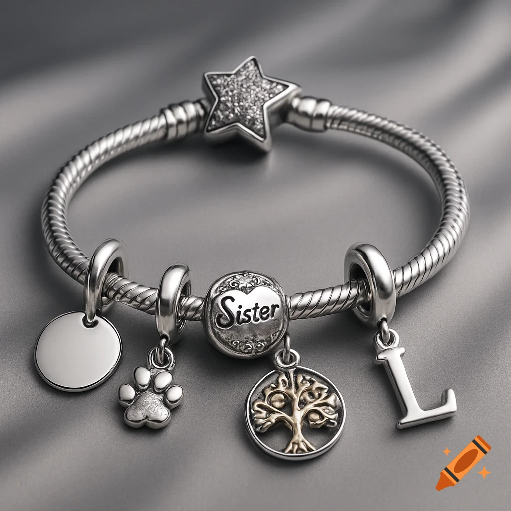 Silver charm bracelet with a sparkling star, blank disc, paw print, 'Sister' heart charm, gold and silver tree of life, and letter L charm.