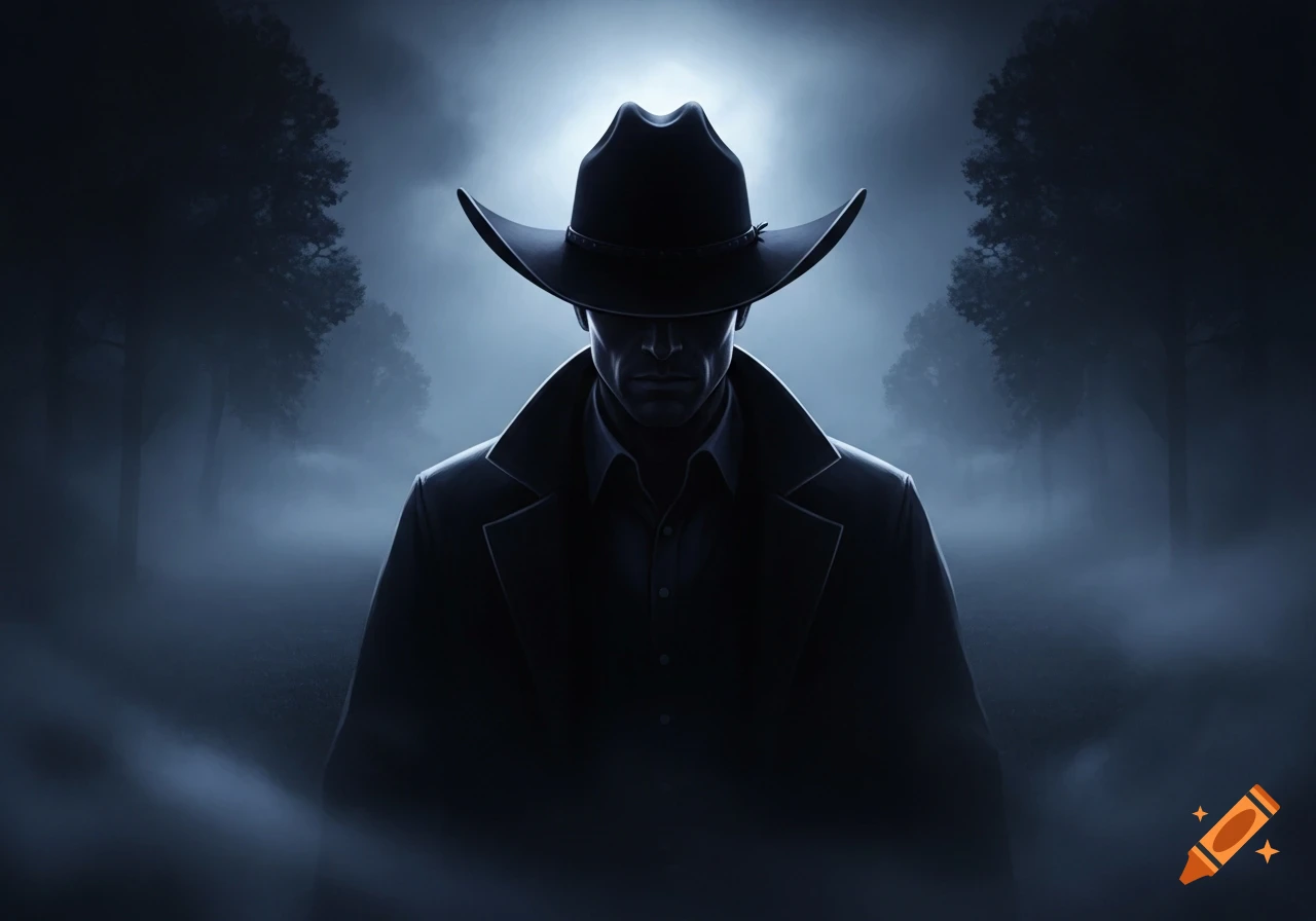 A mysterious man wearing a black cowboy hat and a trench coat stands in a dark, foggy forest, silhouetted against a bright background.