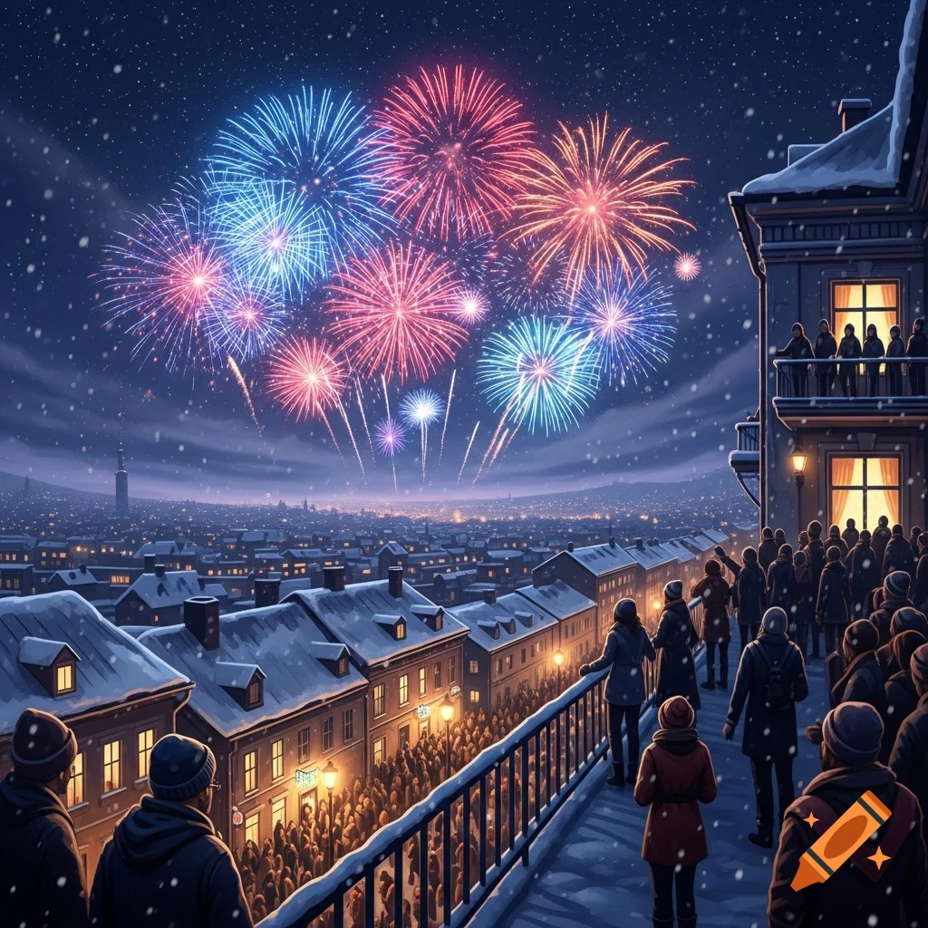 A large crowd on snowy rooftops watches colorful fireworks light up a winter city skyline at night.