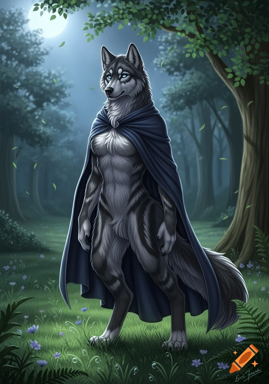 An anthropomorphic female wolf in a blue cape stands in a moonlit forest. She has grey fur and blue eyes.