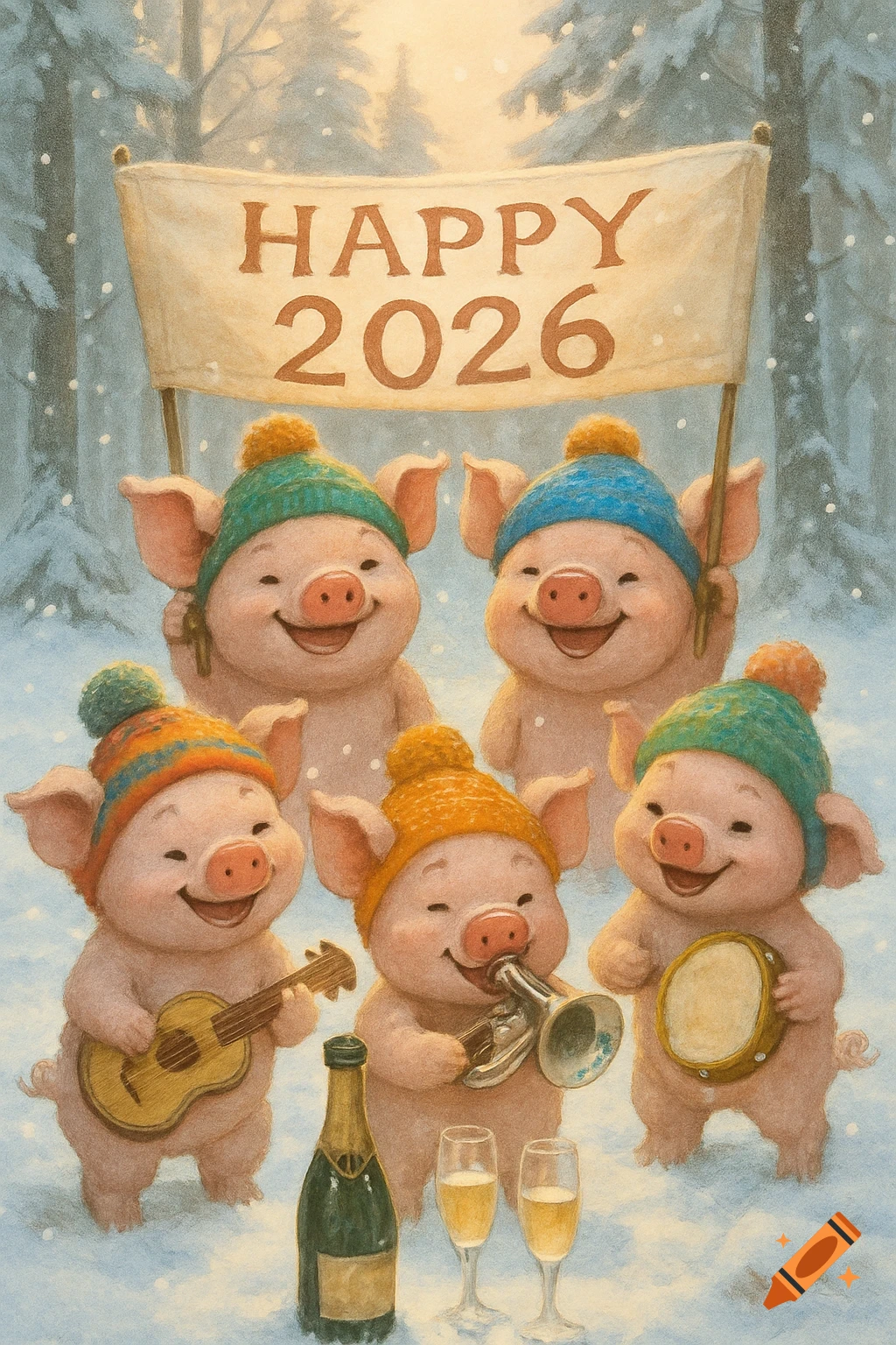 Five cute cartoon pigs in colorful hats play instruments in a snowy forest, holding a 'HAPPY 2026' banner with champagne.