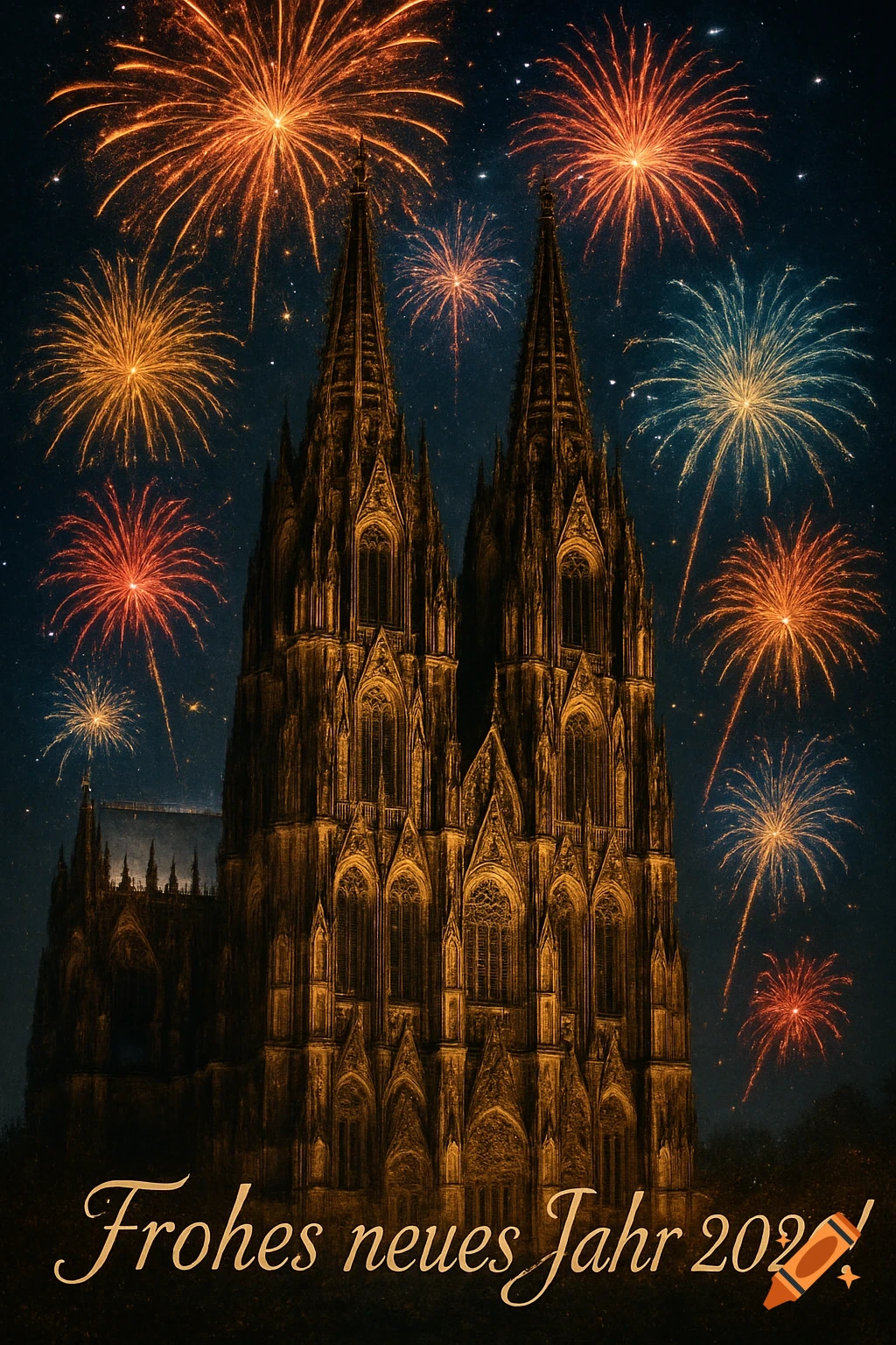 Cologne Cathedral illuminated at night, surrounded by vibrant fireworks, with 'Frohes neues Jahr 2026!' text.