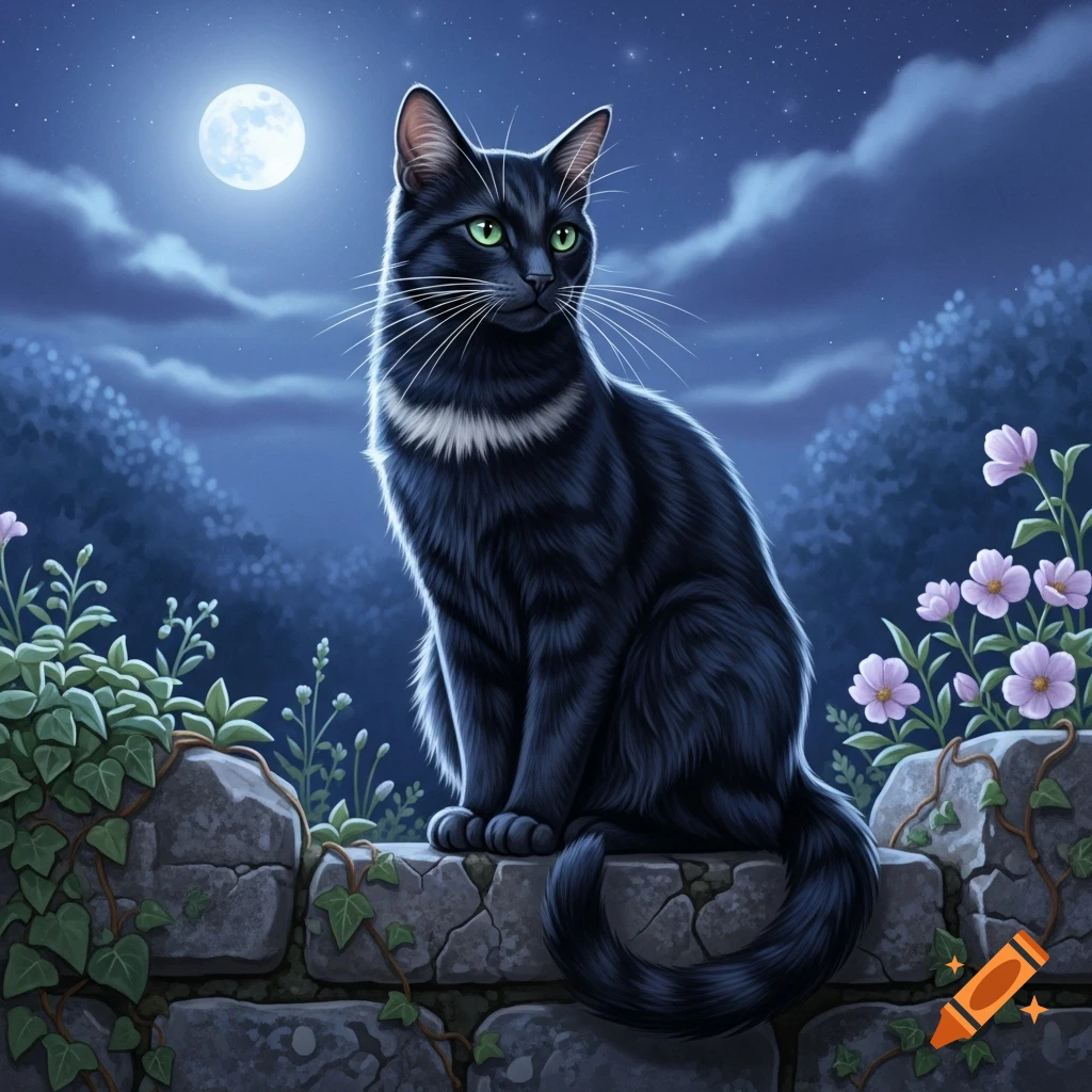 A sleek black cat with bright green eyes sits on a mossy stone wall ...