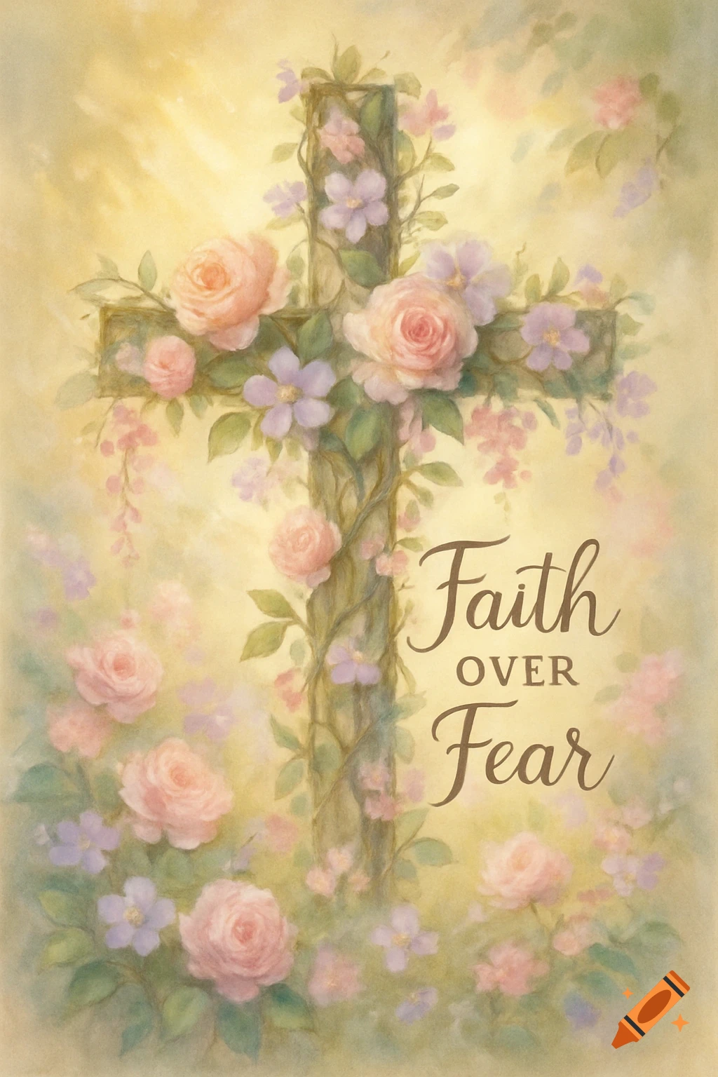 A pastel watercolor painting of a wooden cross covered in pink roses and purple flowers, with the words "Faith over Fear".