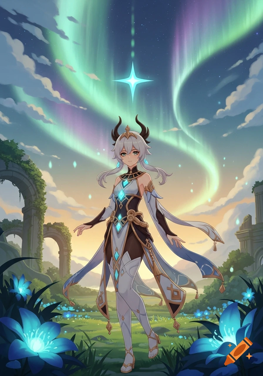 Anime illustration of a white-haired, horned character in an ornate outfit, standing among glowing blue flowers and ruins under an aurora sky.