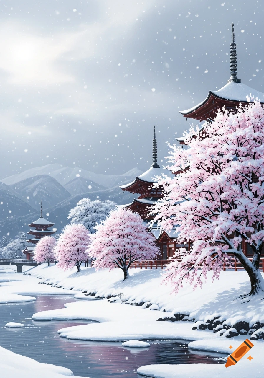 A snowy Japanese landscape with traditional pagodas, pink cherry blossom trees, and a flowing river under a bright sky.