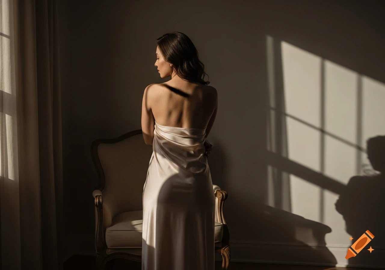 A woman in a light silk gown stands with her back to the viewer, bathed in window light next to an ornate chair.