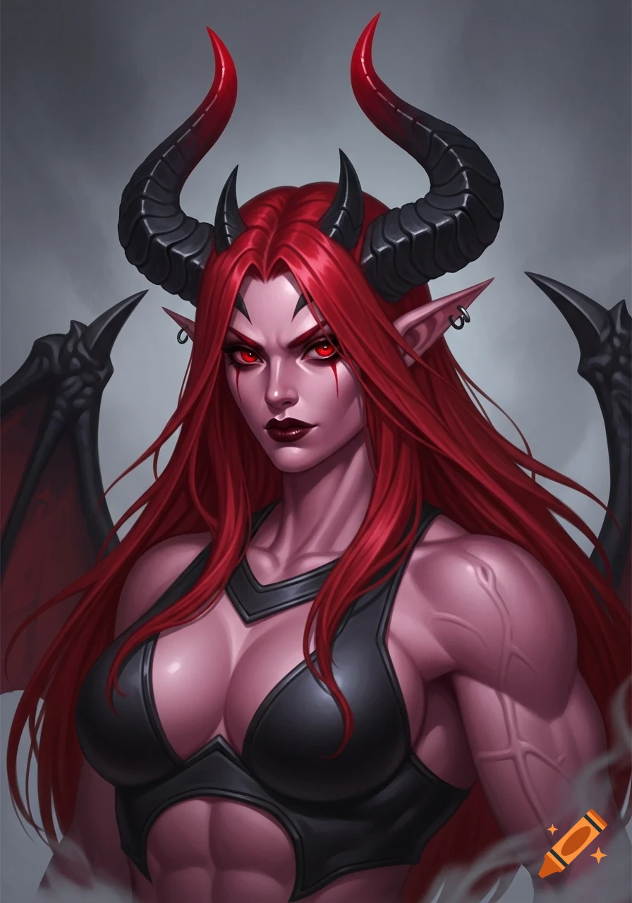 A muscular female demon with red skin, long red hair, black horns with red tips, and crimson eyes, wearing a black top.