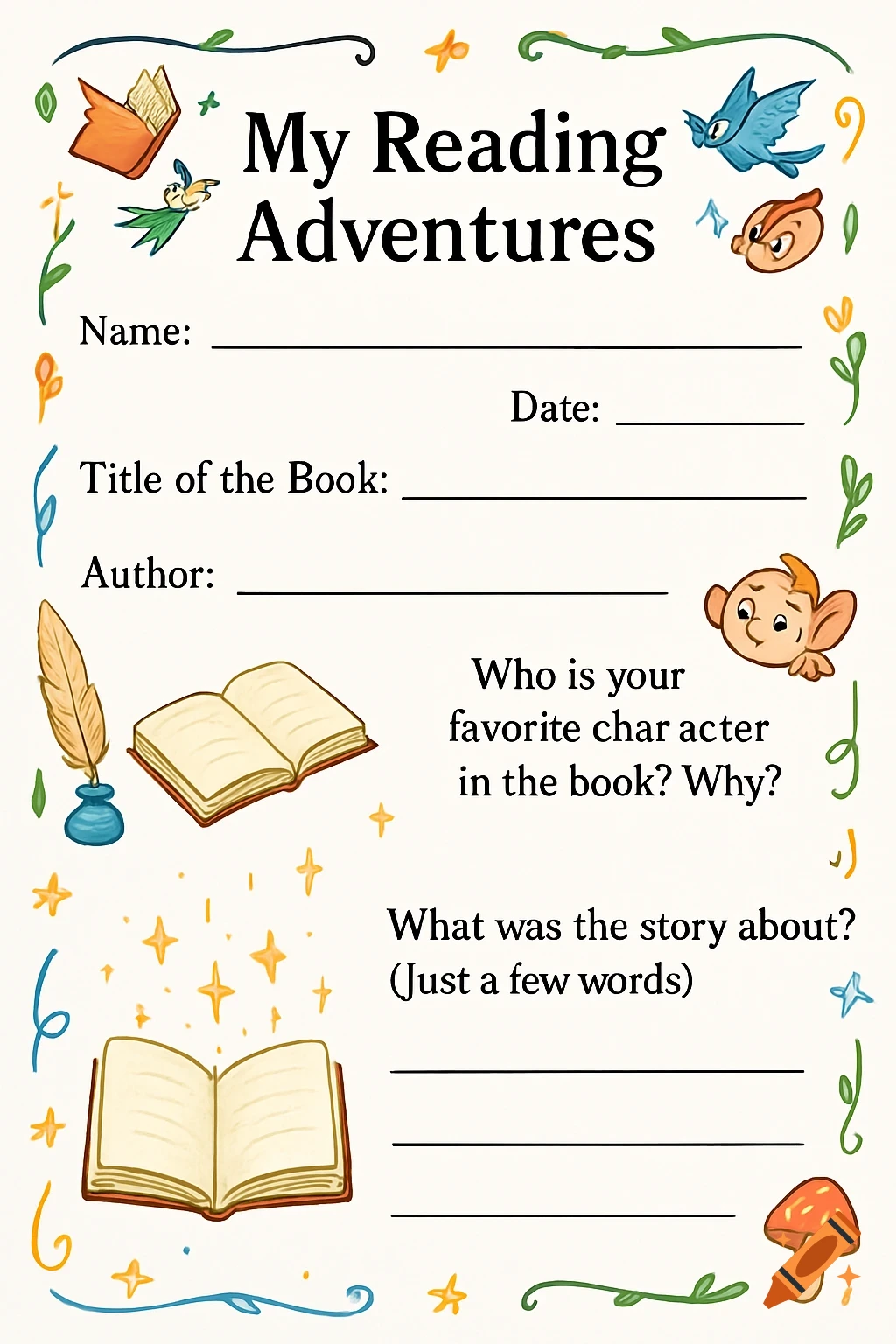 A colorful children's reading adventure activity sheet with sections for name, date, book title, author, favorite character, and story summary, adorned with illustrations of books, a quill, leaves, stars, and cartoon creatures.