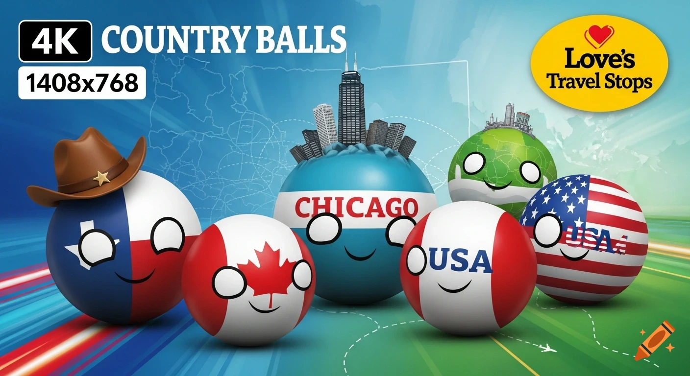 Cartoon countryballs depicting Texas, Canada, Chicago, and USA, with city skylines and travel logos on a blue and green background.