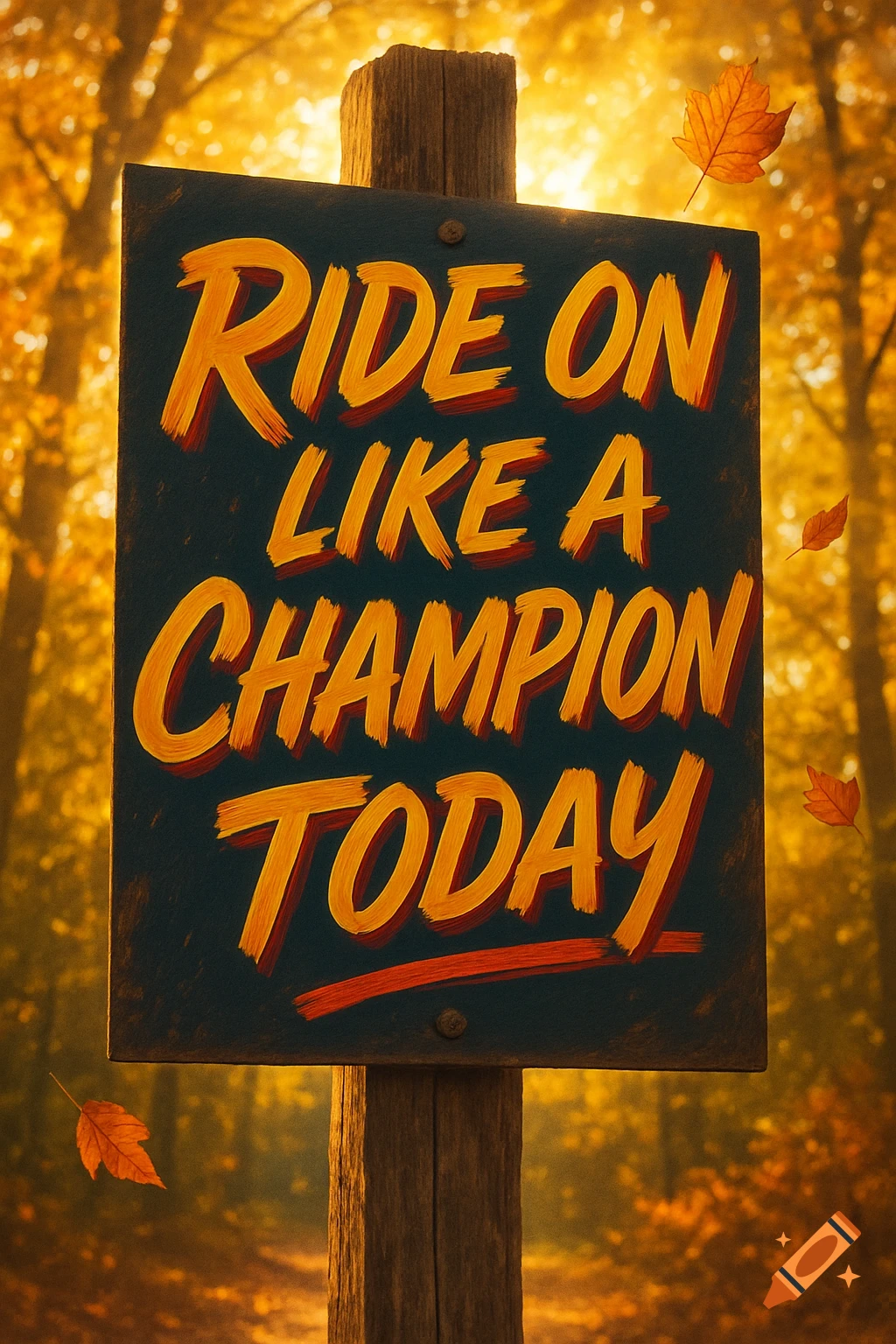 A rustic wooden sign in a golden autumnal forest reads, "RIDE ON LIKE A CHAMPION TODAY" in bold, orange lettering.
