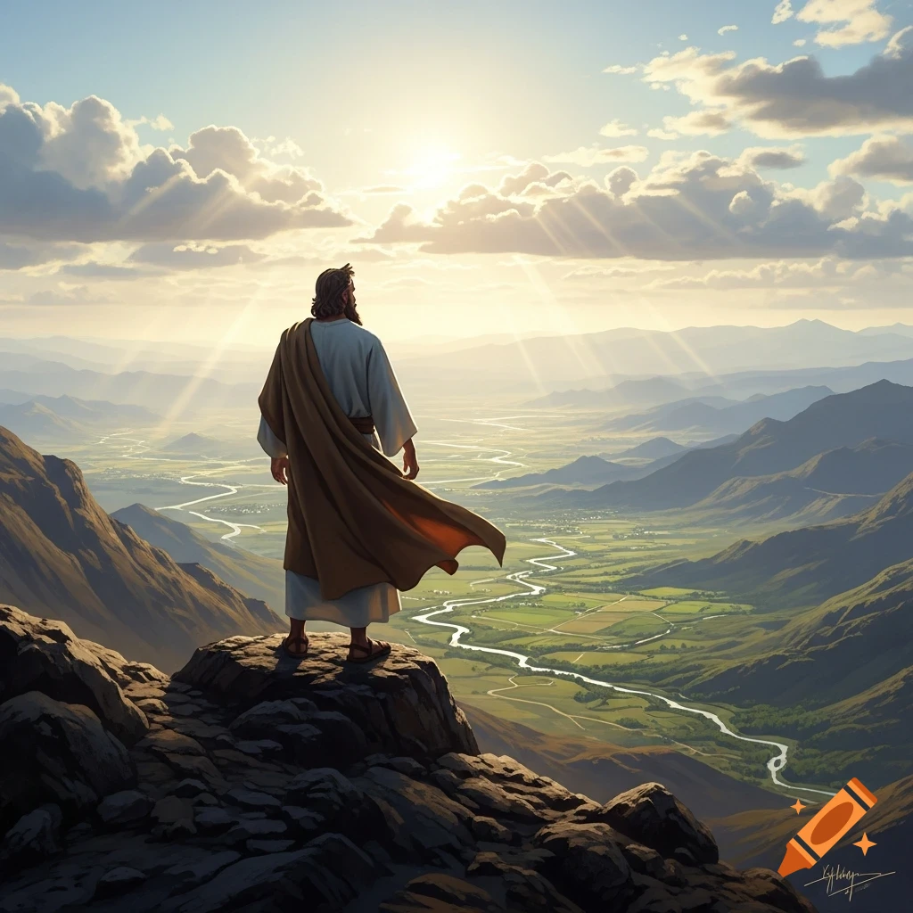 A robed figure stands on a mountain peak, looking over a vast, green valley with a winding river under a sunny, cloudy sky.