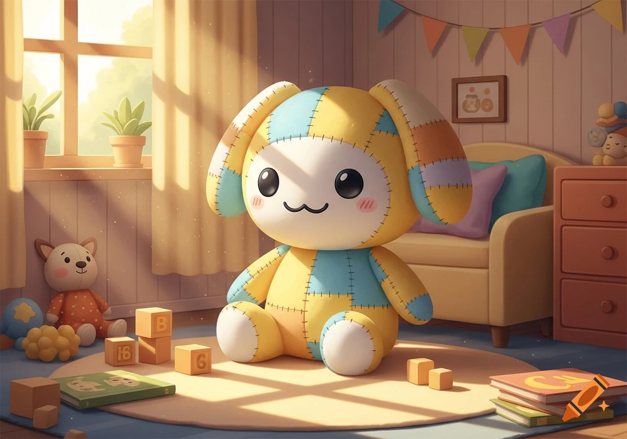 A cute, colorful patchwork plush toy bunny sits on a rug in a sunlit child's room with blocks and books.