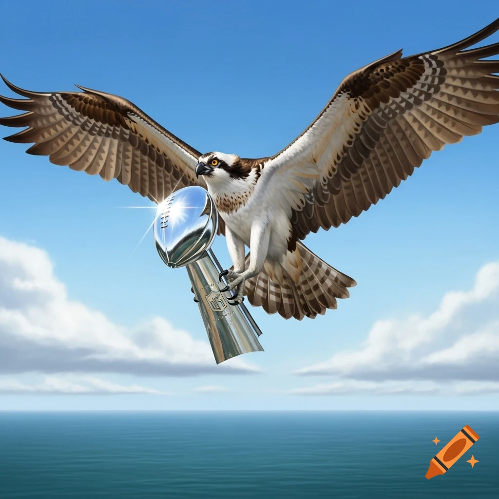 An osprey with outstretched wings flies over a blue ocean and sky, clutching a shining Vince Lombardi trophy in its talons.