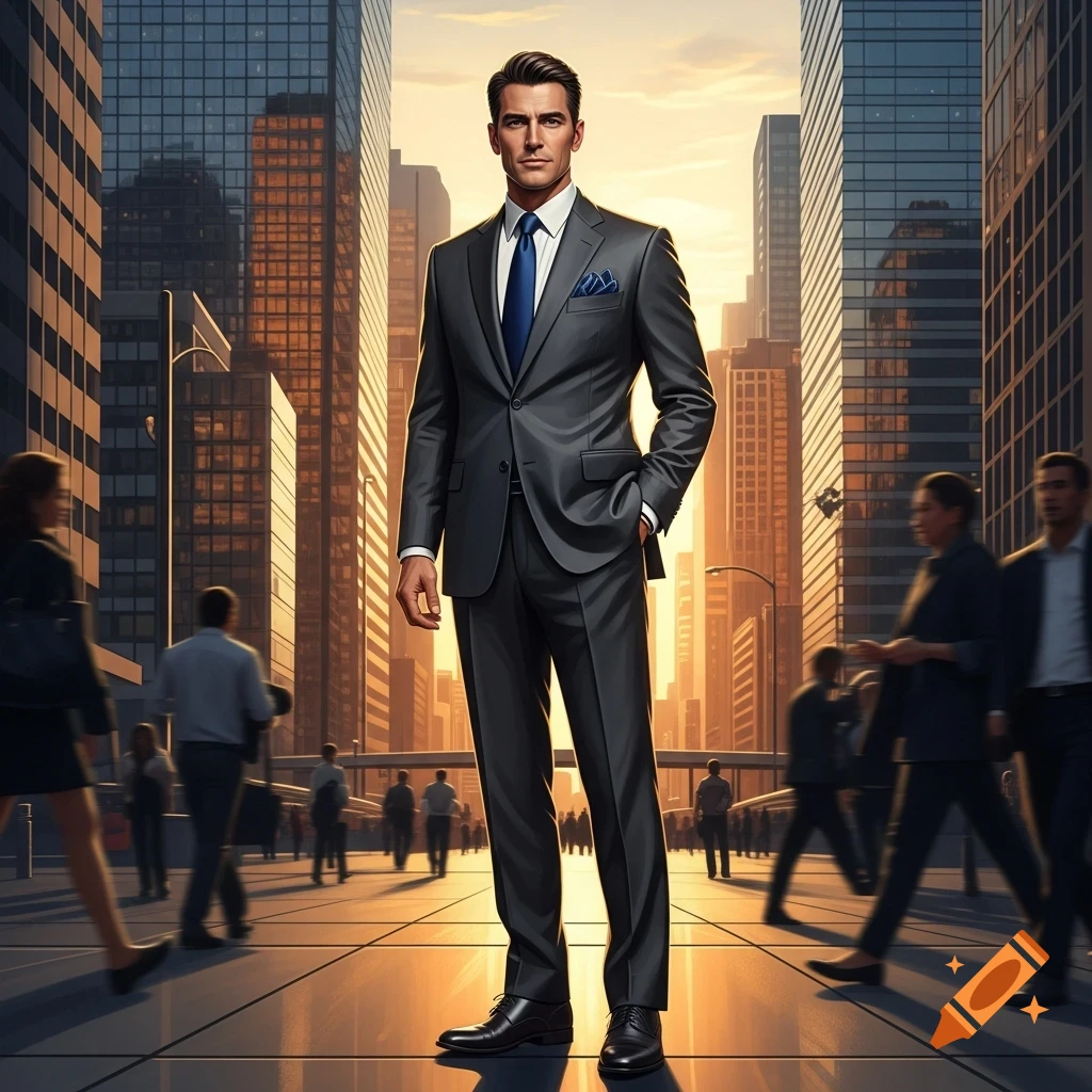 A man in a dark suit stands confidently on a city street at sunset ...