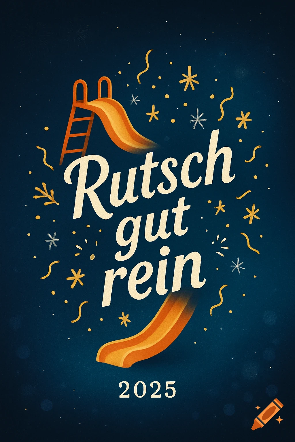 New Year's greeting card with 'Rutsch gut rein 2025' text, an orange slide, and confetti on a dark blue background.