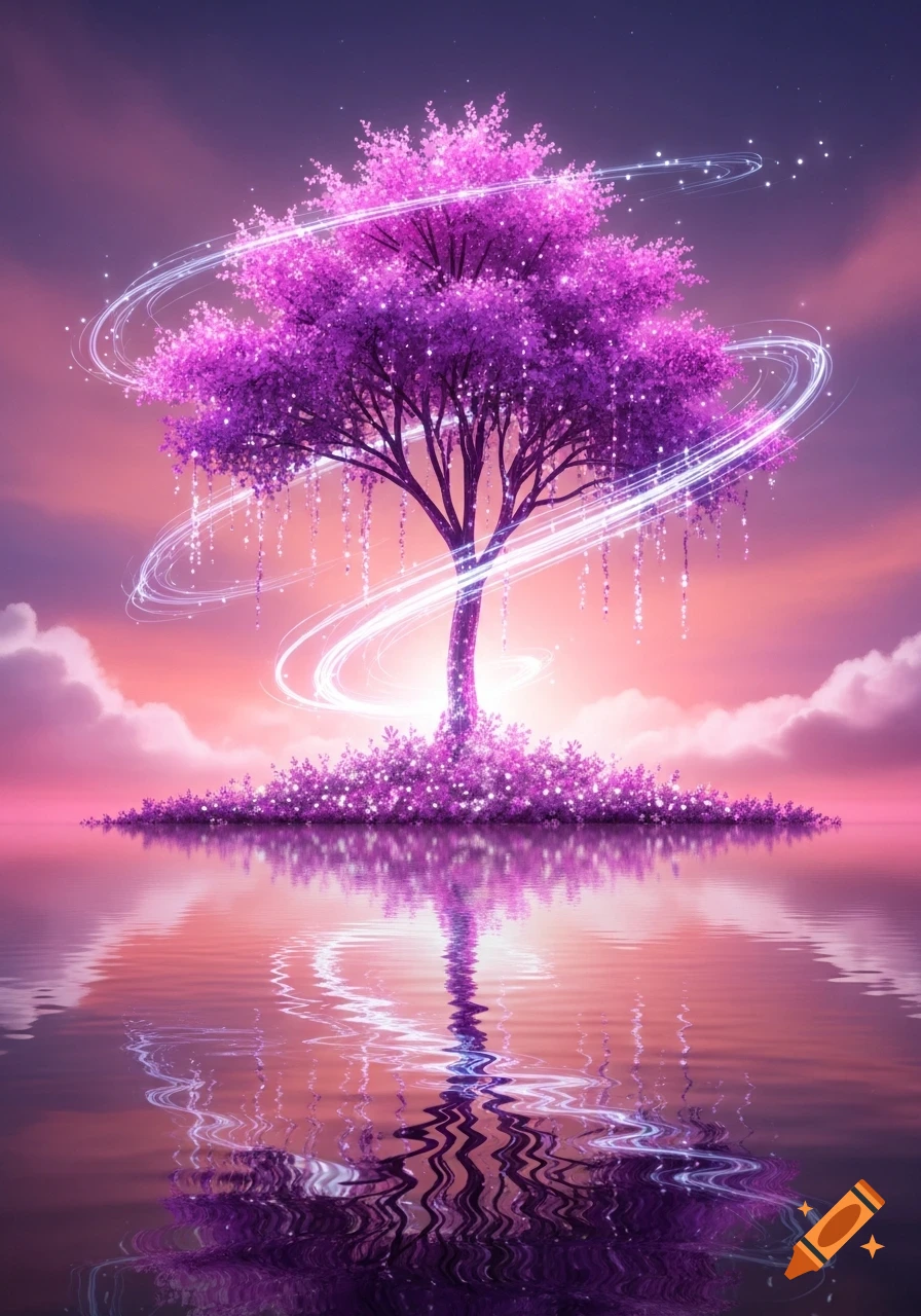 A vibrant, magical pink and purple tree glowing on a small island, reflected in shimmering water under a sunset sky.