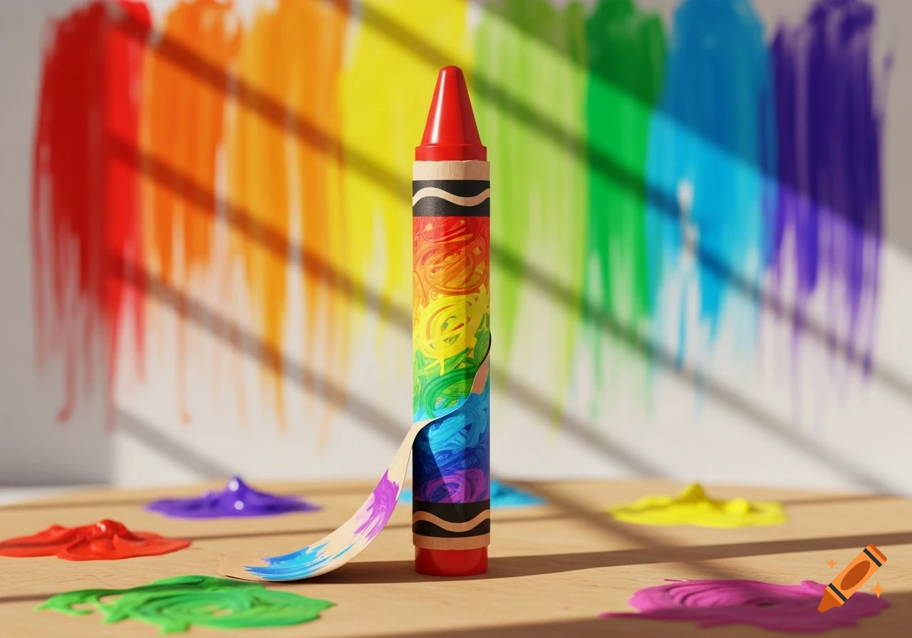 A red crayon with a peeled-back wrapper revealing rainbow colors, standing on a wooden surface with paint drops and colorful strokes in the background.