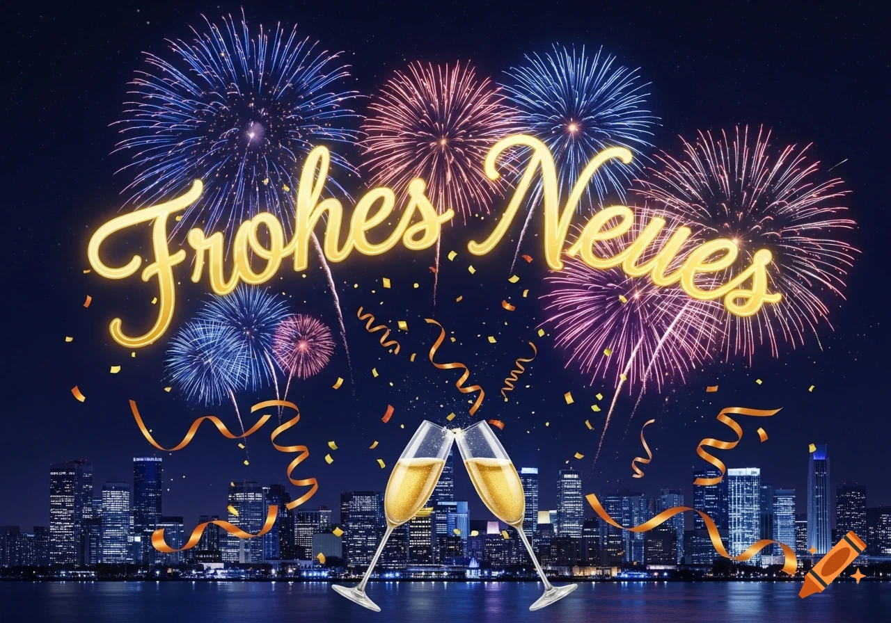 Gold script 'Frohes Neues' over a city skyline at night with colorful fireworks and two clinking champagne glasses.