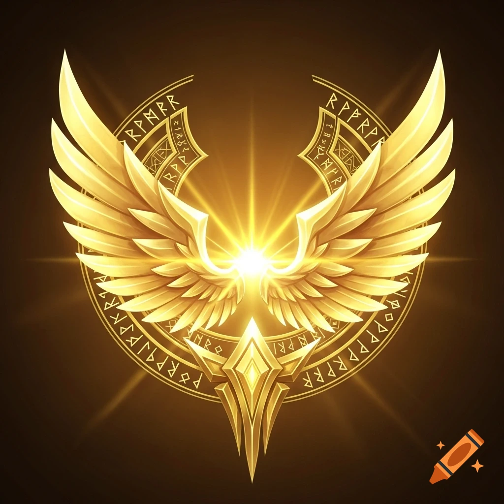 A radiant golden winged emblem with glowing light at the center and mystical runes etched around it.