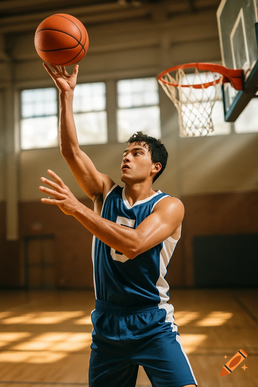 Young male basketball player in a blue jersey shooting a basketball on an indoor court, photorealistic style.