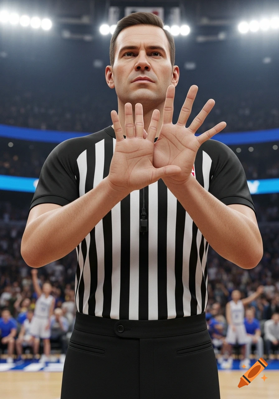 Photorealistic basketball referee holding up hands with six and five fingers on a court.