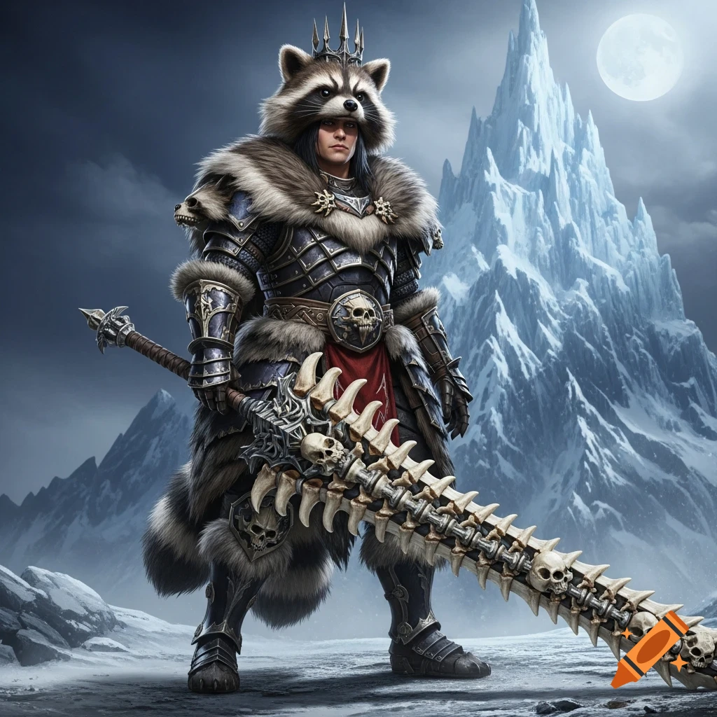 A dark warrior in ornate fur and bone armor, wearing a raccoon-head helmet, holds a massive bone greatsword with skull embellishments. Standing on a snowy terrain, a towering icy mountain and full moon are in the background. Digital art style.