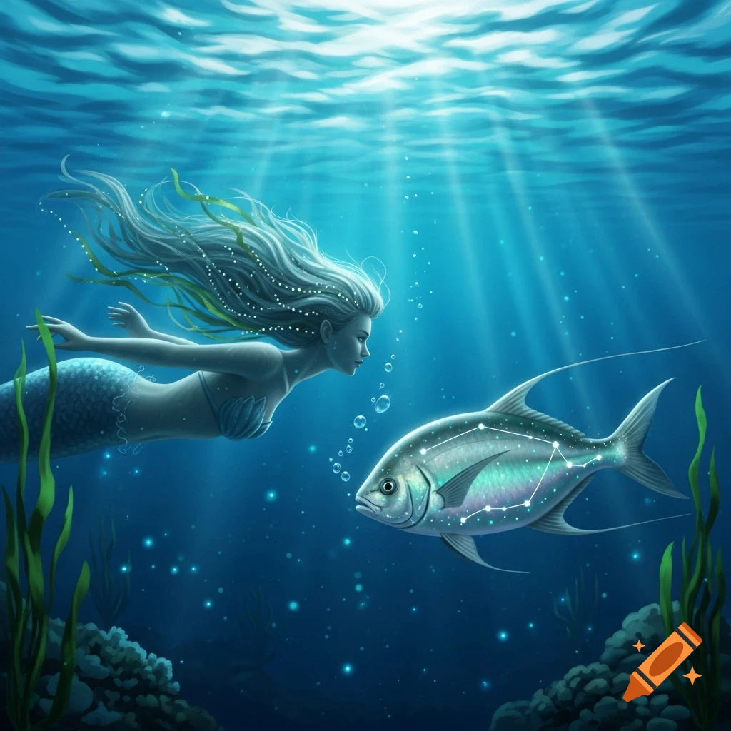 A fantasy illustration of a mermaid with flowing hair swimming underwater, gazing at a large fish with a constellation pattern.