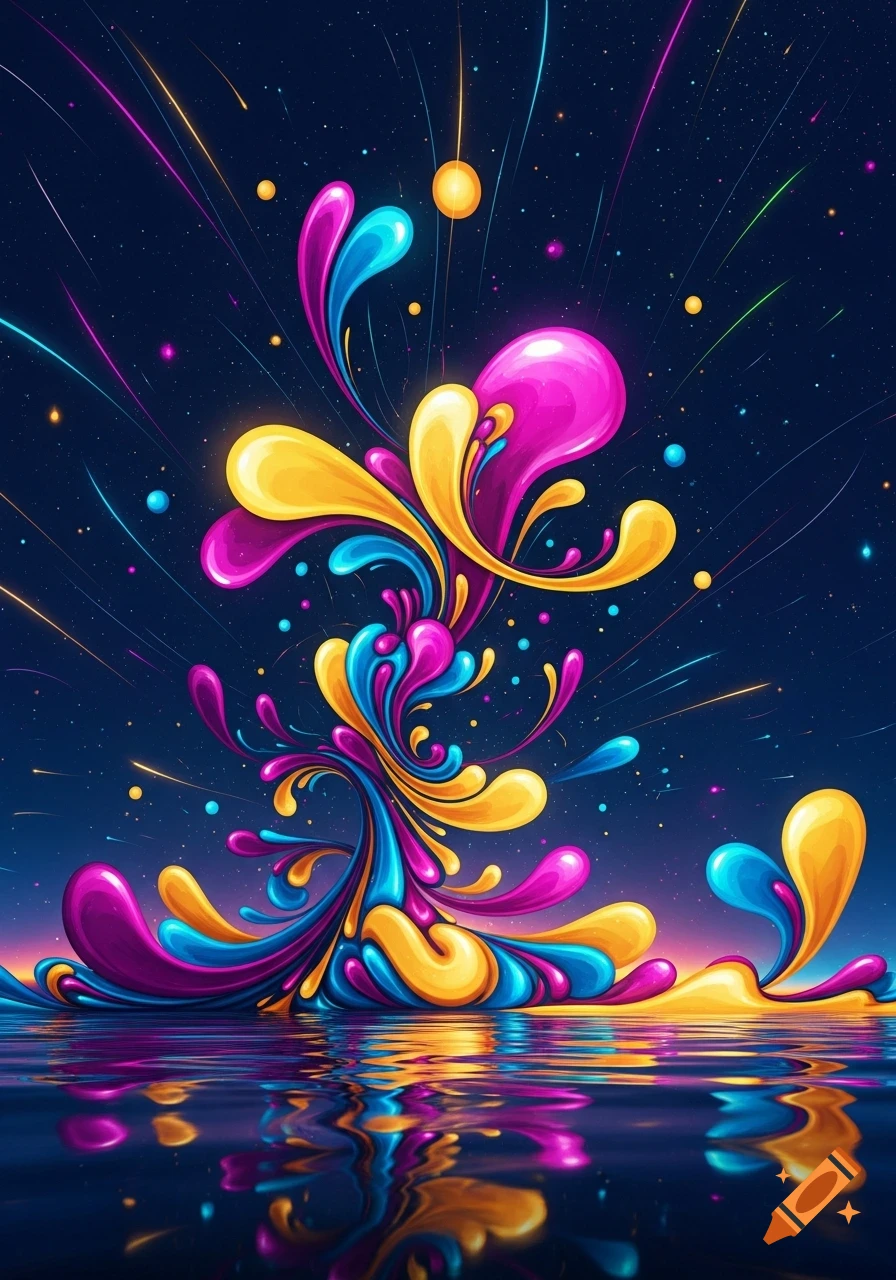 A vibrant abstract composition of colorful liquid splatters in magenta, yellow, and blue, reflecting on a dark, calm surface under a starry night sky.