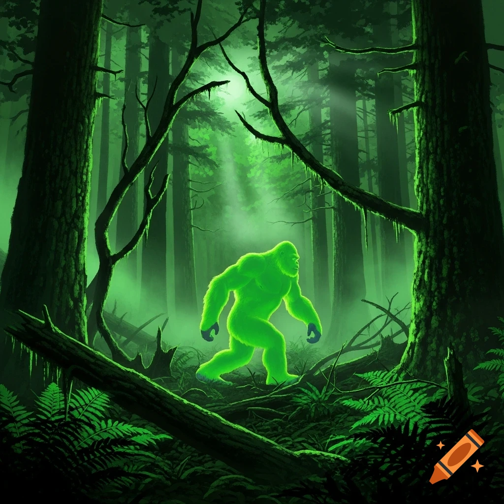 A glowing green Bigfoot creature walks through a dark, misty forest, illuminated by rays of light. Digital illustration.